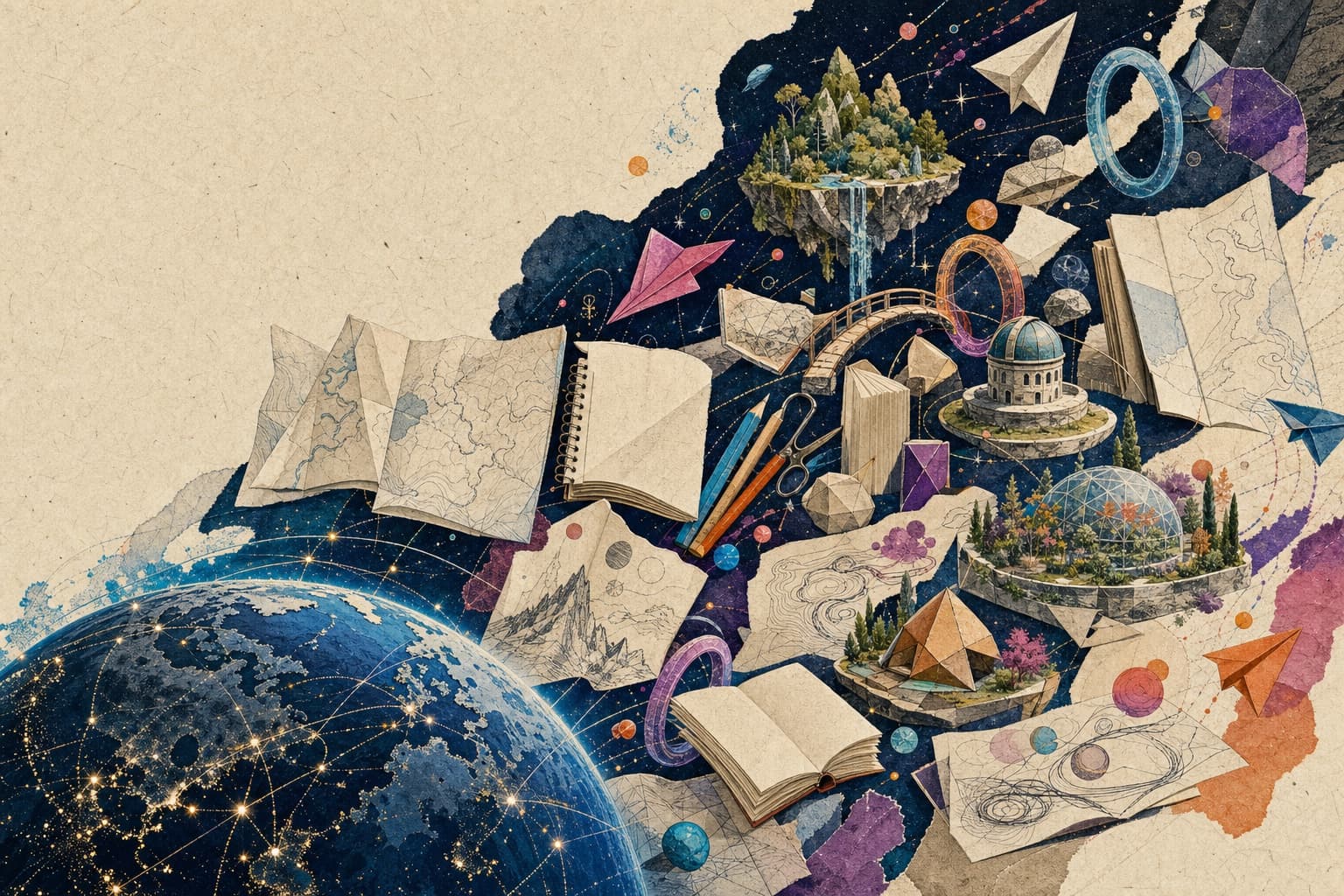 An illustrated collage of maps, prototypes, miniature worlds, and a network-lit Earth