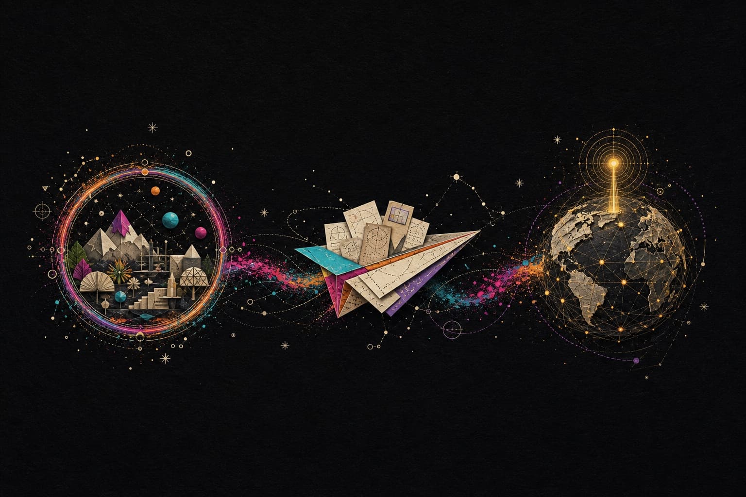 An illustrated portal, paper plane, and networked world tracing a trail from imagination to evidence