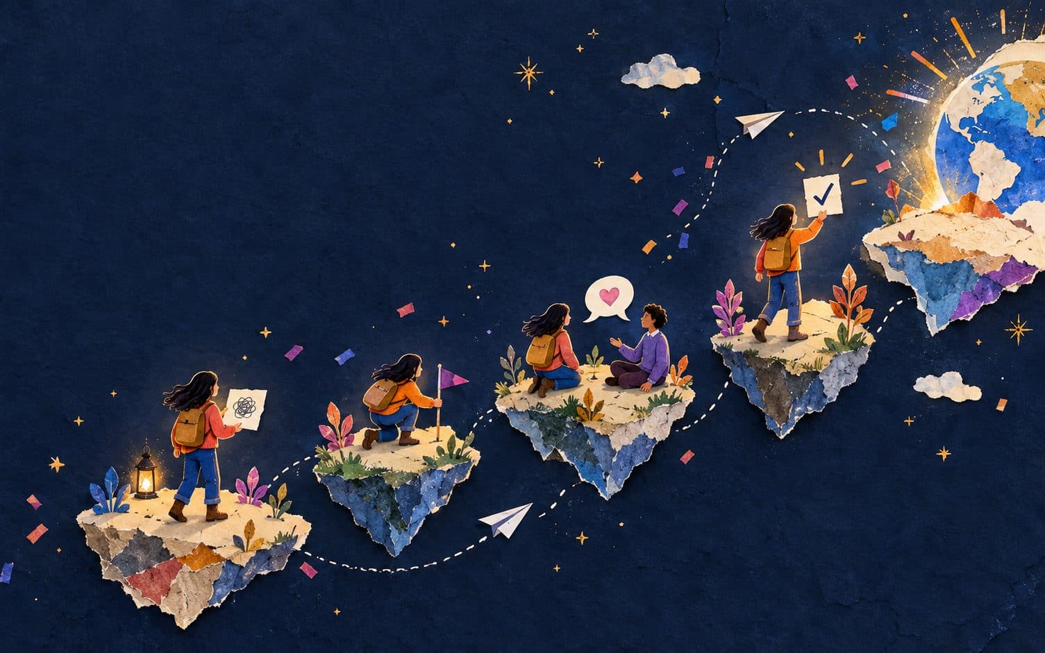 A builder crosses four small paper islands toward a glowing Earth: holding a scribbled note, planting a flag, talking with another person, and raising a note with a tick