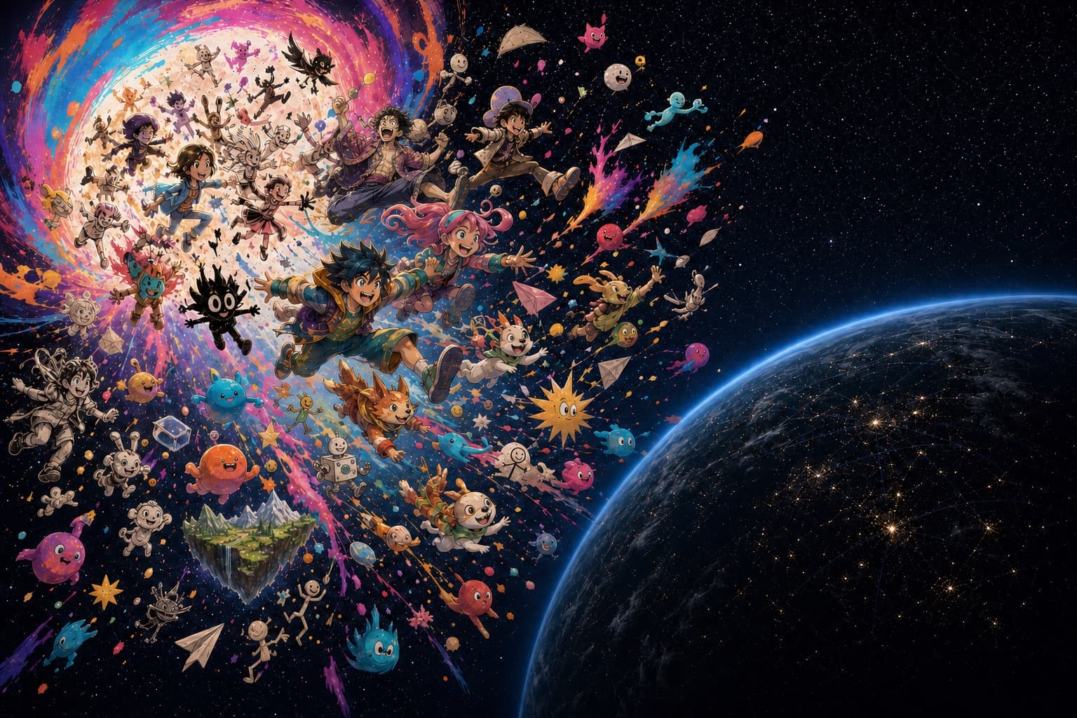 A painted portal releasing characters, sketches, and imagined worlds above Earth