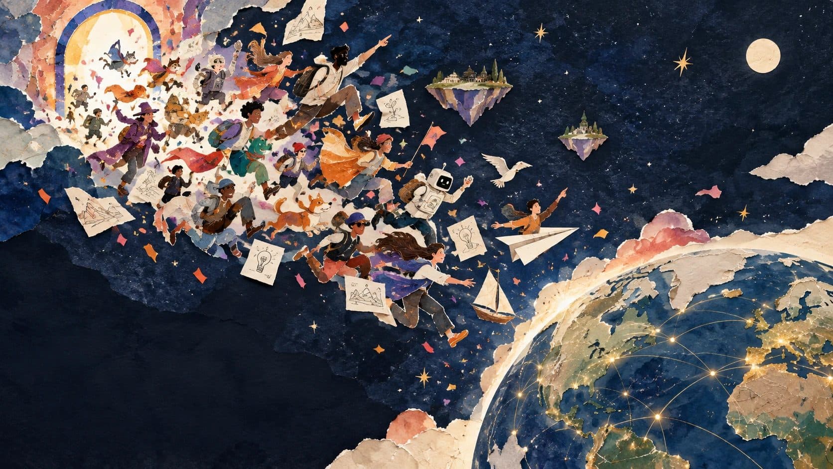 A paper portal releasing people, sketches, and paper planes across a night sky toward a glowing Earth